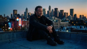 Frank Dux in einer melancholischen Dachterrassenszene in der Dämmerung, Stadtlichter unten.