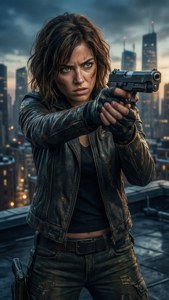 Molotov Girl zielt mit einer Waffe auf einem Dach, mit einer Stadtsilhouette im Hintergrund.