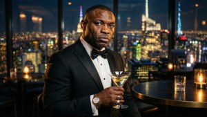 Pitbull de smoking em um bar no terraço com horizonte da cidade