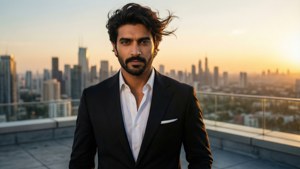 Riyaz Aly in un abito nero su un tetto con lo skyline della città al tramonto