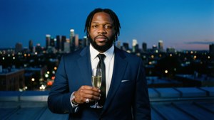Pusha T su un tetto di notte con skyline della città e champagne