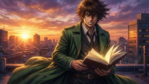Kunikida on a rooftop at sunset with his notebook glowing, epic anime wallpaper.
