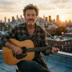 Martin Freeman spiller gitar på et tak ved solnedgang, kunstnerisk og avslappende bakgrunn.