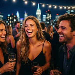 Toni Garrn sharing a laugh with friends at a rooftop party at night.