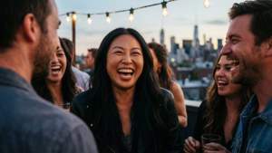 Awkwafina geniet van een dakfeest met vrienden
