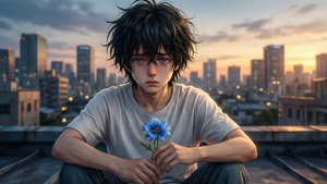 A sad anime boy sits alone on a rooftop at dusk, holding a blue flower under golden light. — Sad Anime Boy Background