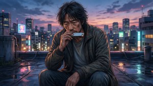 Matt Ishida em um telhado ao entardecer com sua gaita, pensativo e urbano.
