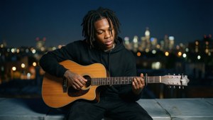 The Kid Laroi jouant de la guitare sur un toit la nuit, pensif et artistique.