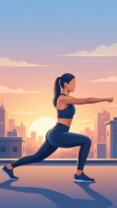 Uma ilustração vetorial minimalista de uma atleta fazendo um agachamento pistola ao nascer do sol.
