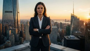 A confident woman overlooking the city at sunset