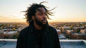 J. Cole su un tetto al tramonto, contemplando la città sottostante.