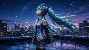 Miku di atas atap pada malam hari, menatap bintang-bintang di atas kota.