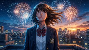 Shouko on a rooftop in school uniform, fireworks over city, determined look. — Shouko Nishimiya Fireworks Wallpaper