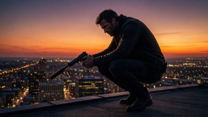 Eine dramatische Silhouette von Sam Fisher auf einem Dach in der Dämmerung mit den Lichtern der Stadt darunter, ideal für Stealth-Themen-Hintergründe.