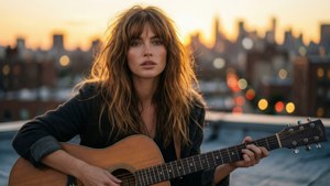 Woman playing guitar on city rooftop at golden sunset — Suki Waterhouse Wallpaper
