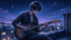 Kazehaya speelt gitaar op een dak onder een sterrenhemel.