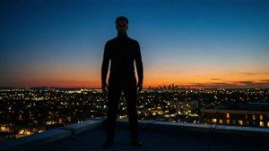 En sigma-manns silhuett mot en skumringsby, som legemliggjør uavhengighet og mystikk.