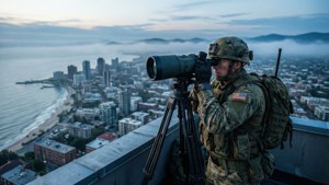 FOG-team på taket med observationskikare vid gryning