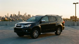 SUV noir garé sur le toit avec horizon de la ville au coucher du soleil