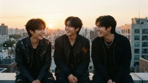 Felix ja Hyunjin nauravat katolla auringonlaskun aikaan