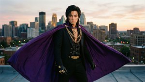 Prince sur un toit avec une cape violette contre la ligne d'horizon au coucher du soleil.
