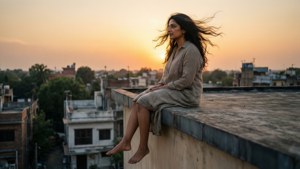 Kirti Shetty su un tetto al tramonto, vento tra i capelli, inquadratura ampia e pacifica.
