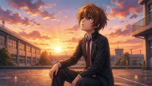 Sunohara Youhei nyder en fredelig solnedgang på skolens tagterrasse.