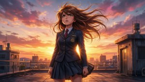 Amane Fujimiya på en tagterrasse ved solnedgang med hår blæst i vinden