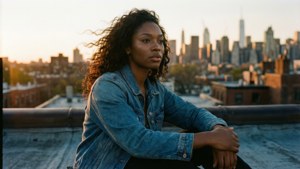 Kiyah Wright på et tak i den gylne timen med bysilhuett