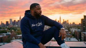 Jerry Lorenzo di atap saat matahari terbenam mengenakan Fear of God