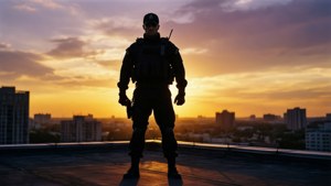 Bodyguard silhouet op dakterras bij zonsondergang