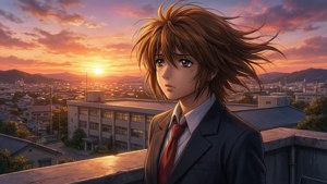 Sunohara Youhei stirrer på en solnedgang fra en skole tagterrasse, melankolsk stemning.