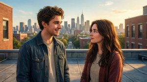 Sebuah adegan animasi yang hangat dari Evan Hansen dan Zoe Murphy di atap sekolah, dengan cakrawala kota dan suasana penuh harapan.