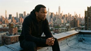 Talib Kweli surplombant New York au coucher du soleil