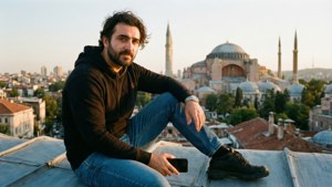 En ung tyrkisk mand nyder solnedgangsudsigten over Hagia Sophia fra et tag.