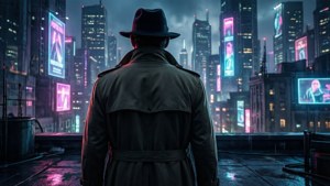 Silhueta com vista para cidade cyberpunk, detetive incógnito papel de parede