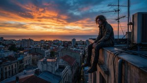 Vue crépusculaire depuis le toit surplombant Revachol avec un personnage pensif.
