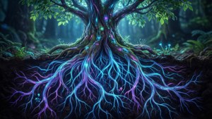 Glowing tree roots with mycorrhizal fungal networks