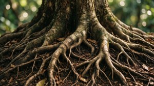 Papel de parede inspirado na natureza com raízes de árvores como conexões de rede.