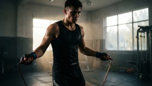 Dynamisches MMA-Seilspringen-Aufwärmen mit Bewegungsunschärfe und Morgenlicht