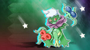Green anime Pokémon holding red and blue berries with glowing outline against starry background. — Roserade Picture