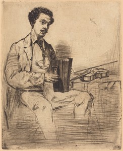 Ross Winans by James McNeill Whistler, created 1861, in etching and drypoint on chine collé. Download this artwork as a high-resolution wallpaper for desktop, t — James McNeill Whistler Wallpaper
