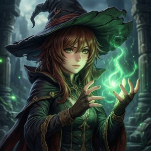 Young witch casting green magic in ancient stone ruins — Mushoku Tensei Wallpaper