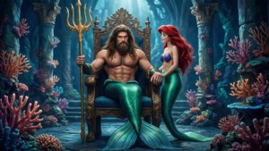 Ariel berdiri di hadapan Raja Triton di ruang tahta Atlantica.
