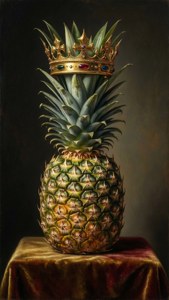 A pineapple wearing a golden crown sits on a velvet cloth in a dark setting. — Pineapple Picture
