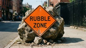 Rubble houdt een 'RUBBLE ZONE' bord vast.