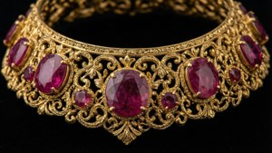 Kuninkaallinen rubiini- ja kultafiligraaninen choker-kaulakoru.