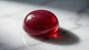 Un seul Jelly Bean rouge brillant sur du marbre, fond d'écran macro ultra-détaillé