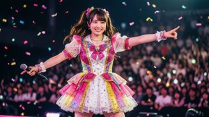 Ruby Hoshino bersinar di atas panggung dengan kilauan dan konfeti sebagai idola.