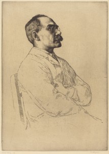 Rudyard Kipling by William Strang, in etching. Download this artwork as a high-resolution wallpaper for desktop, tablet, or mobile.